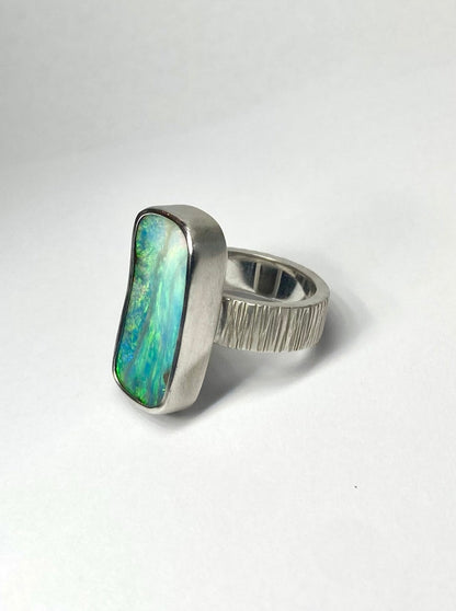 Seascape Long Opal and Silver Ring