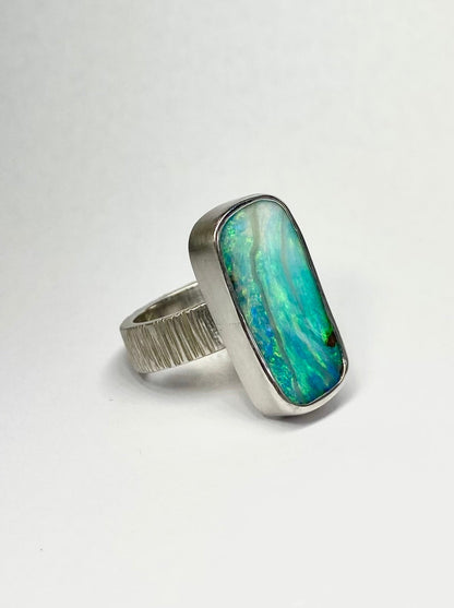 Seascape Long Opal and Silver Ring