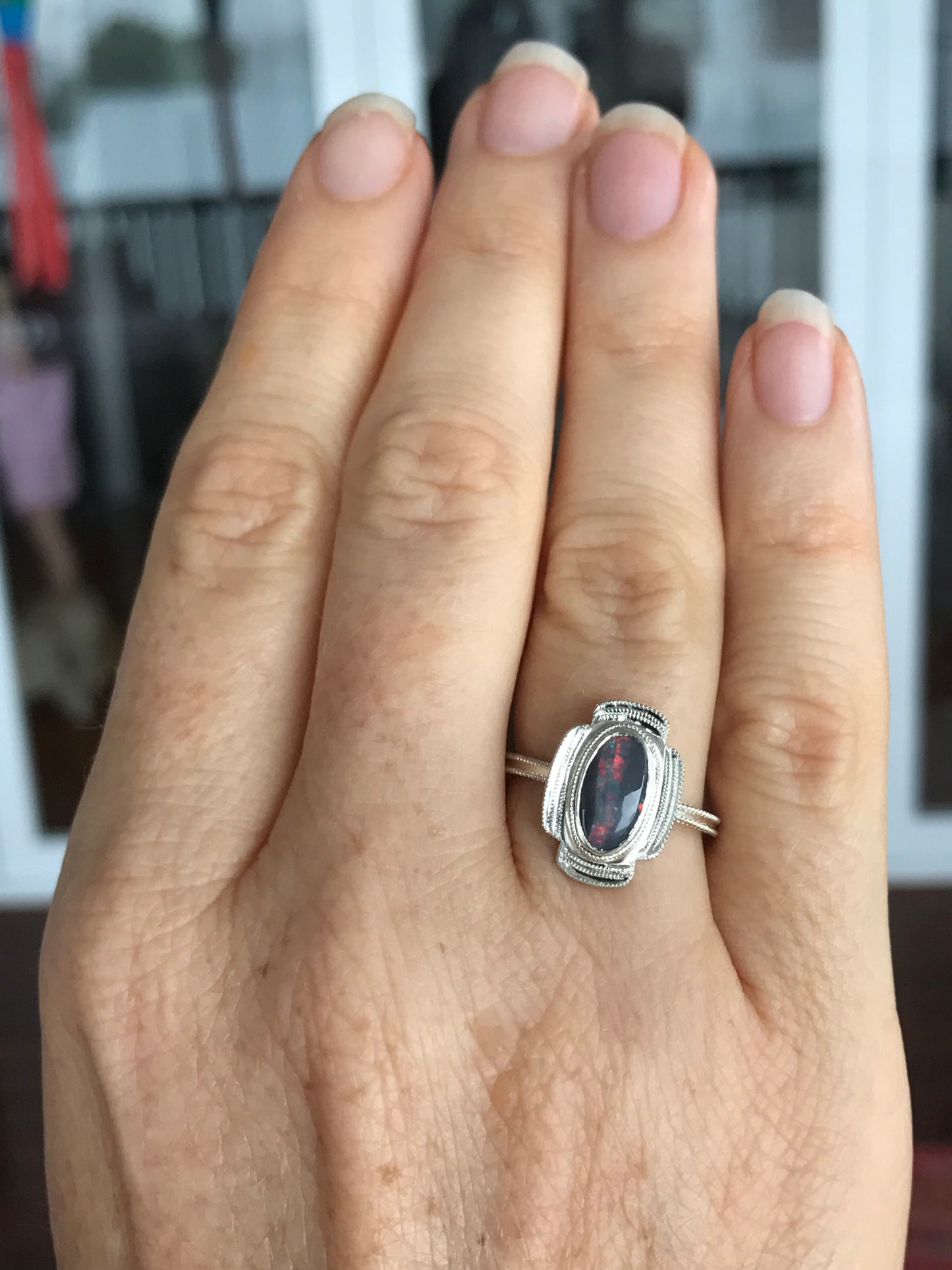 Solid Black Opal and Stirling Silver Engraved Ring