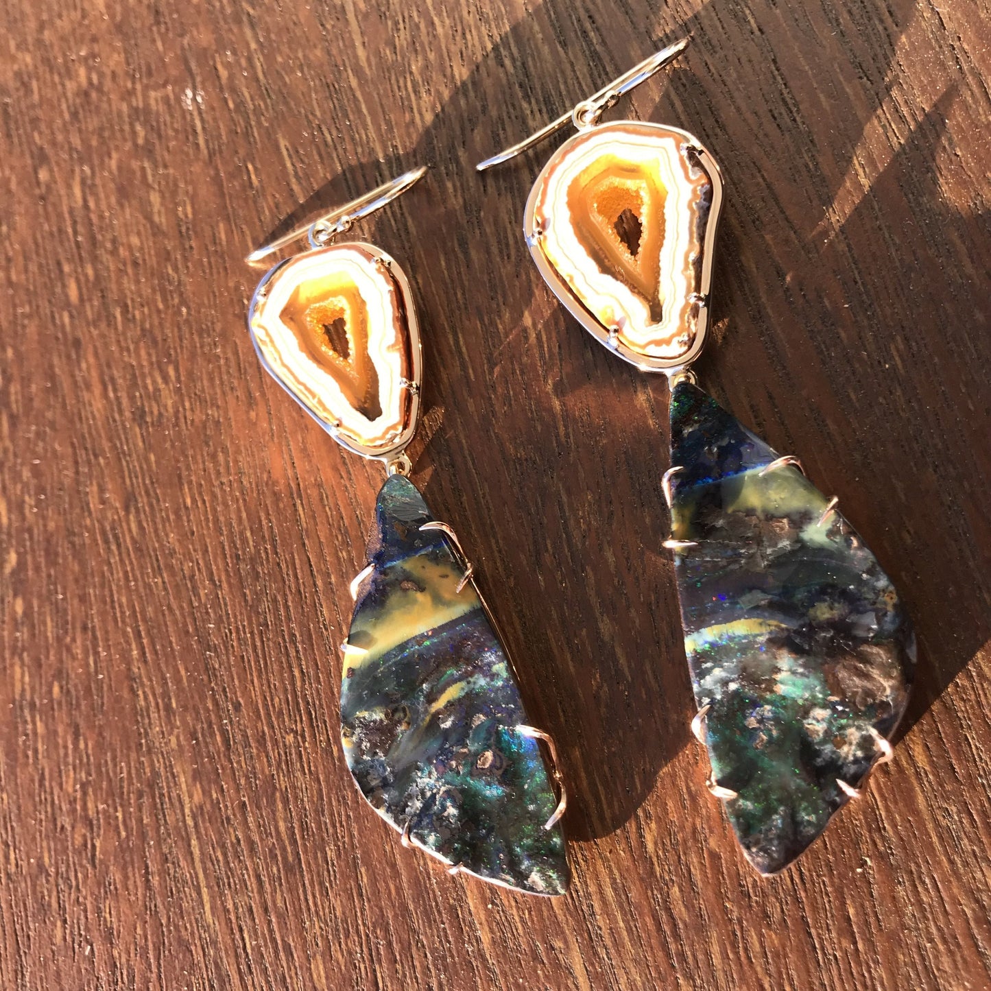 Queensland boulder opal and agate drop earrings. Hand crafted Australian made using ethically sourced materials