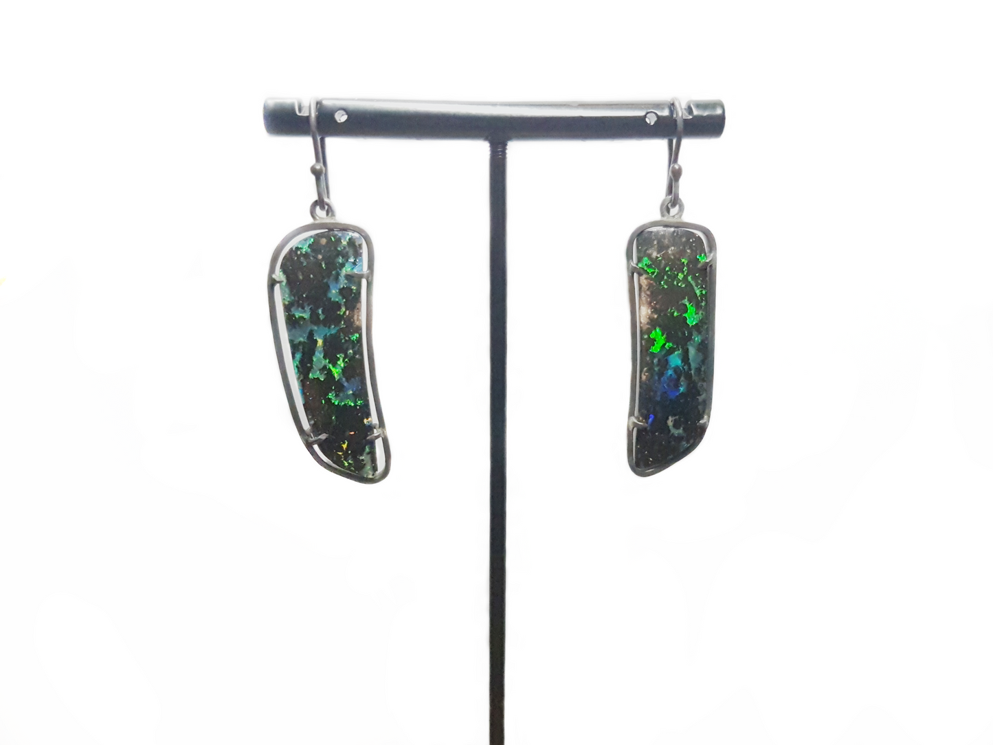 Matrix Queensland Boulder Opal drop earrings set in oxidised Silver frame. These earrings are mostly green. These earrings have been handcrafted in our Brisbane studio using ethically sourced materials. High quality Australian made jewellery