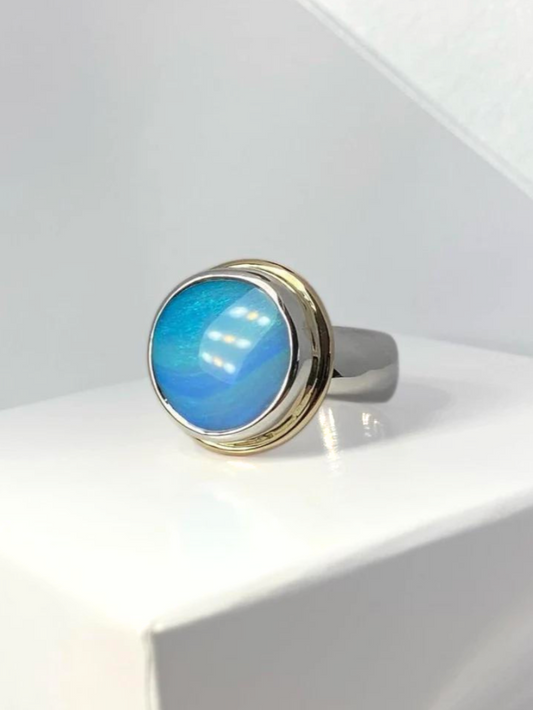 Aqua Splash Opal Silver and Gold Ring