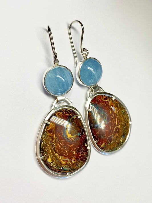 Blue Spring Aquamarine and Opal Earrings
