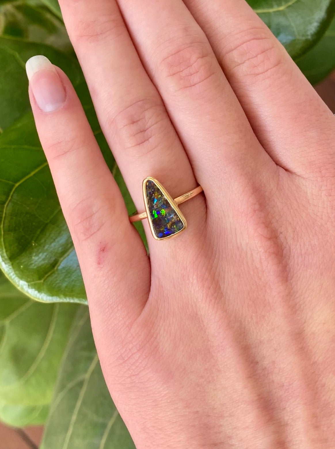 Green and Blue Triangle Boulder Opal Ring Yellow and Rose Gold