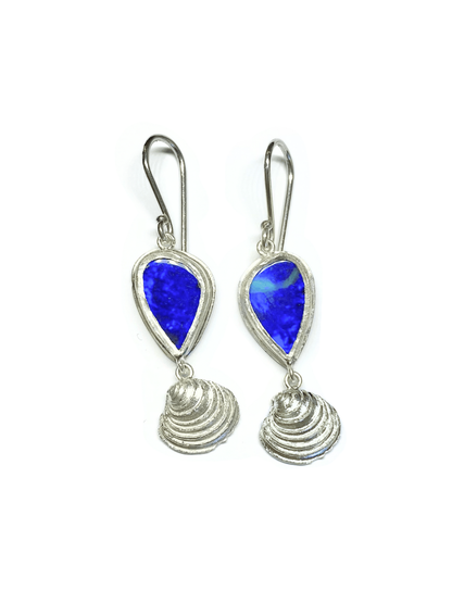 Pair of earrings with blue teardrop-shaped vivid blue opals and silver shell designs. Handmade design and ethically sourced gems. Made in Brisbane, Australia