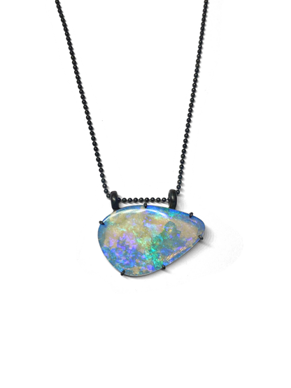purple lightning ridge boulder opal with blackened silver Glasshouse Mountains