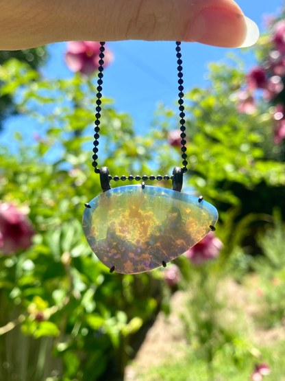 purple lightning ridge boulder opal pendant with blackened silver Glasshouse Mountains