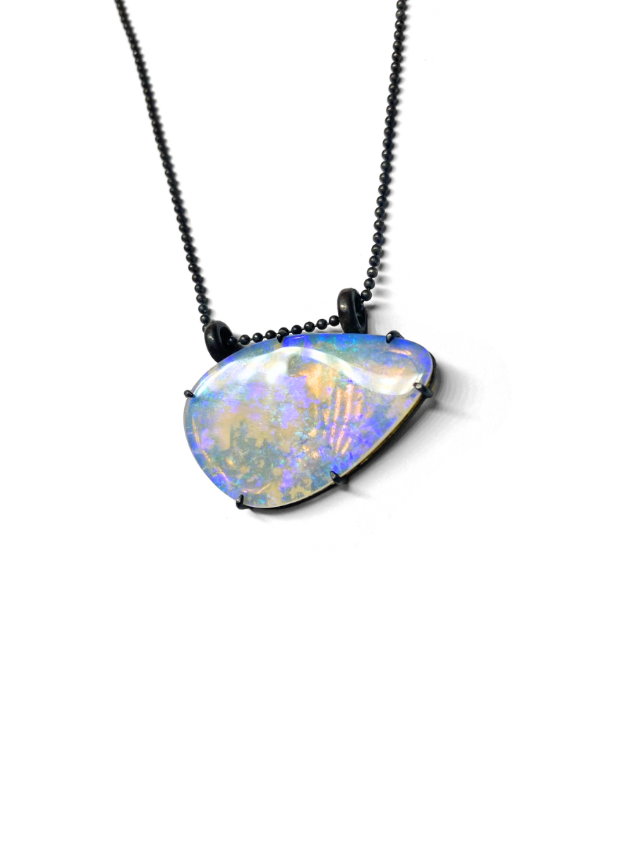 purple lightning ridge boulder opal pendant with blackened silver Glasshouse Mountains