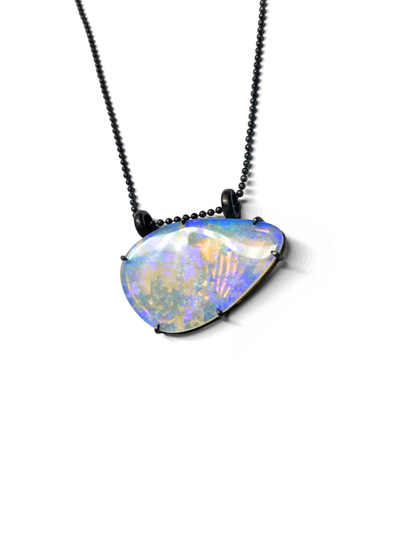 purple lightning ridge boulder opal pendant with blackened silver Glasshouse Mountains