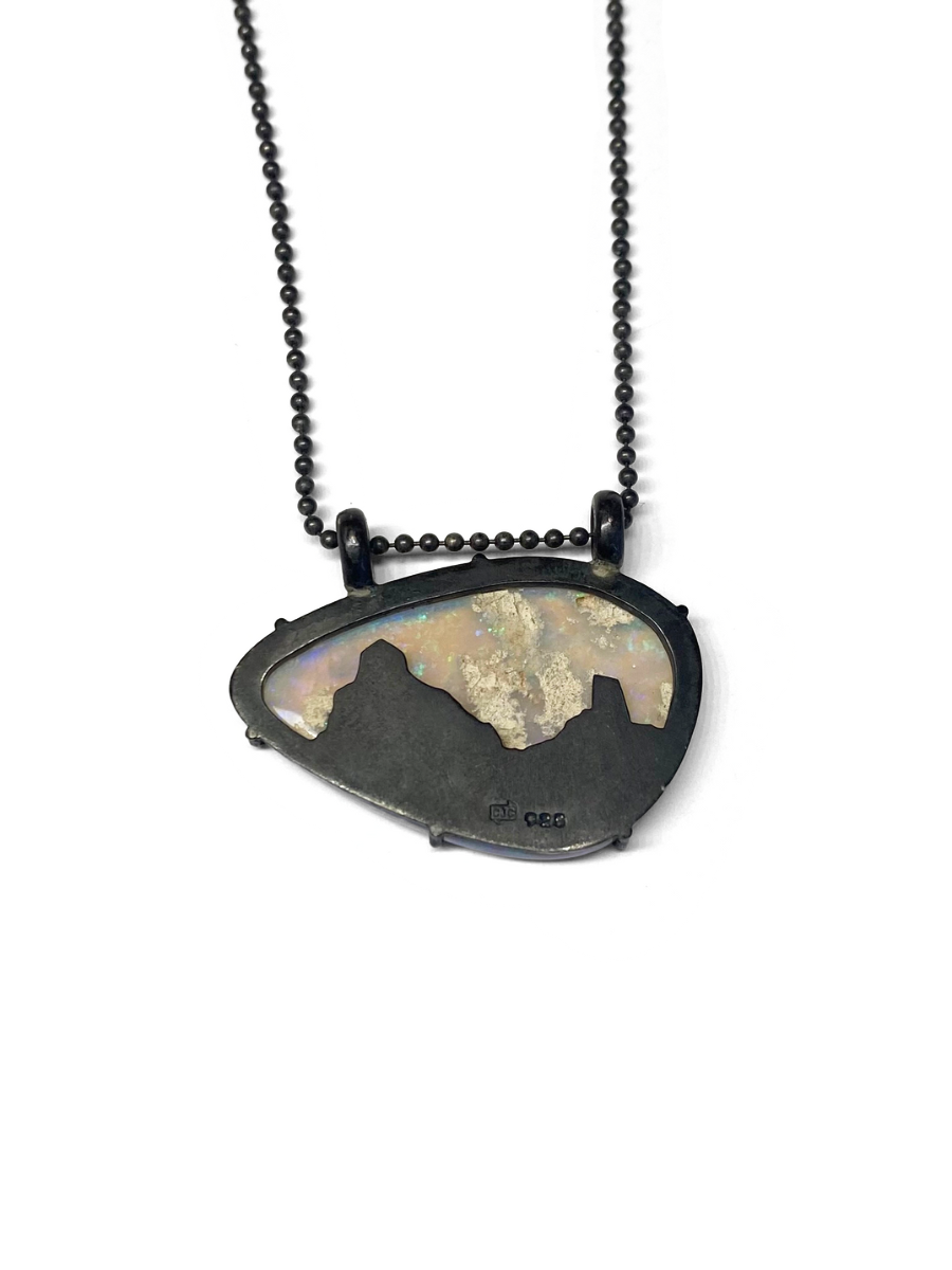 opal pendant with blackened silver Glasshouse Mountains details