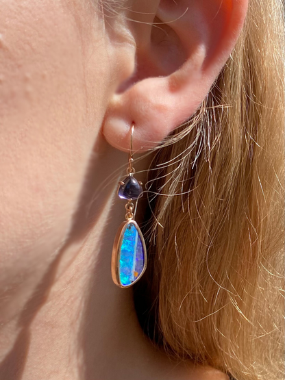 Neptune Iolite and Opal Drop Earrings