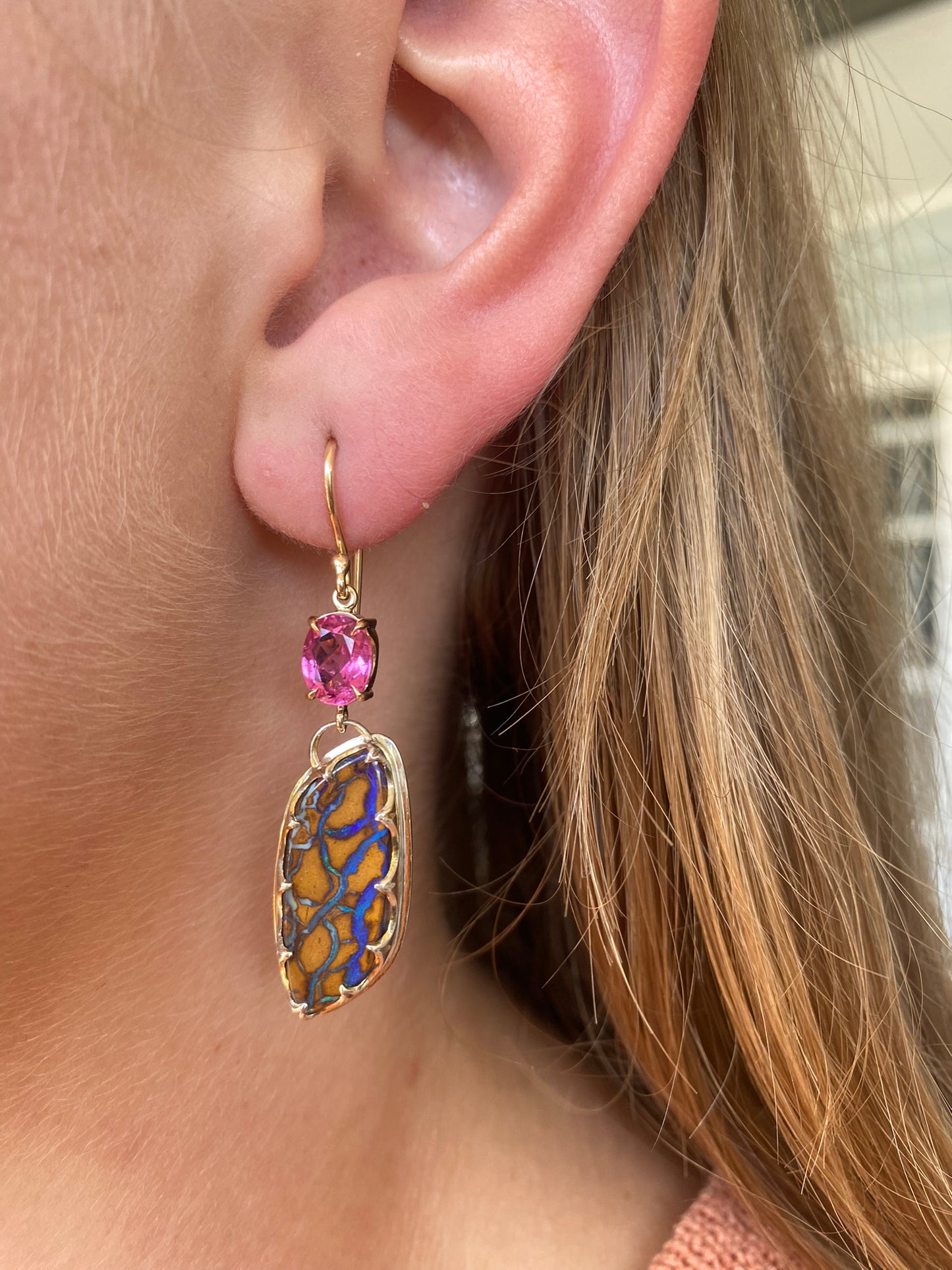 Pink Desert Spring Opal and Rubellite Earrings