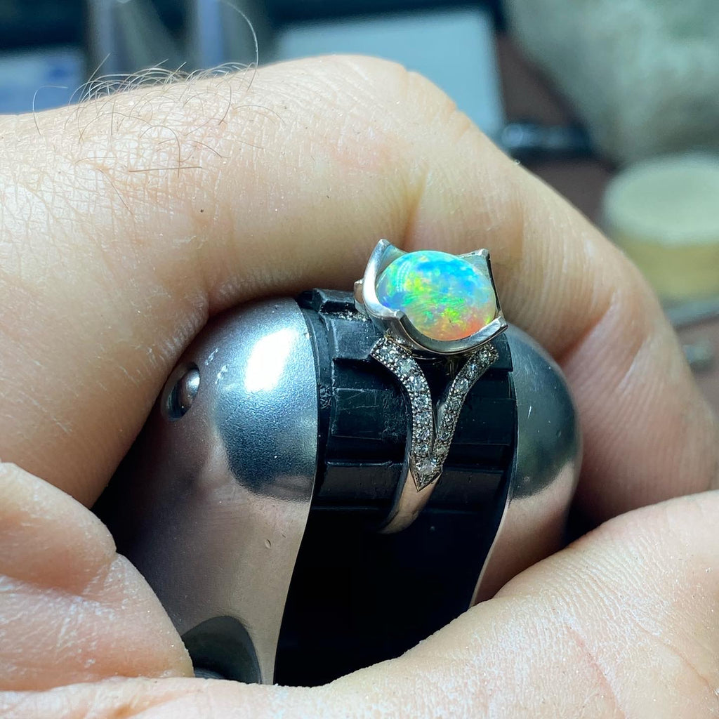 Engagement Ring Handmade Brisbane Queensland Diamonds and White Gold Original Design Work with the jeweller personal service opal opal jewellery jewlryQueensland Boulder Opal