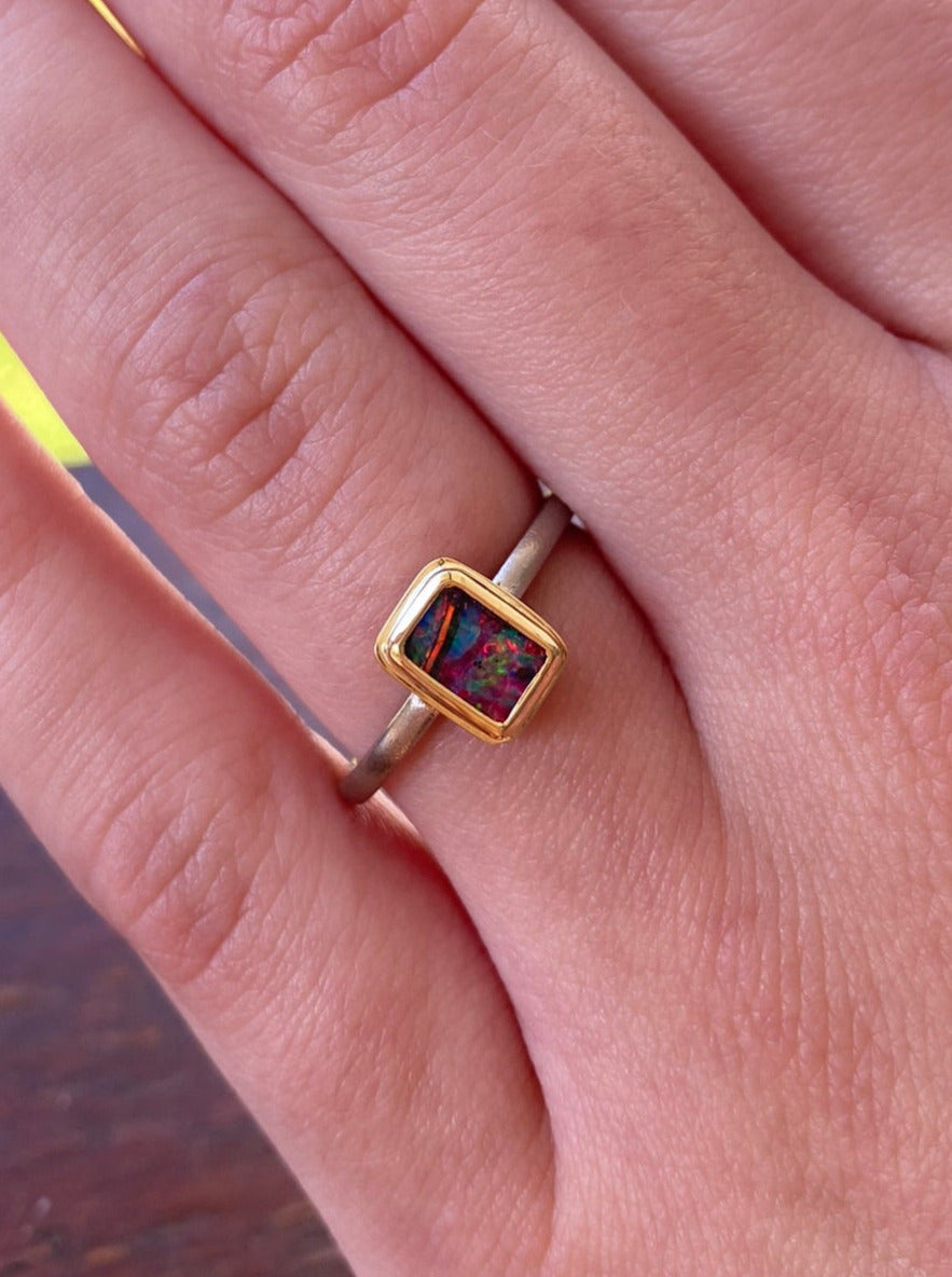 Rainbow Blaze Boulder Opal Ring