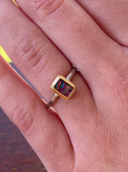 Rainbow Blaze Boulder Opal Ring
