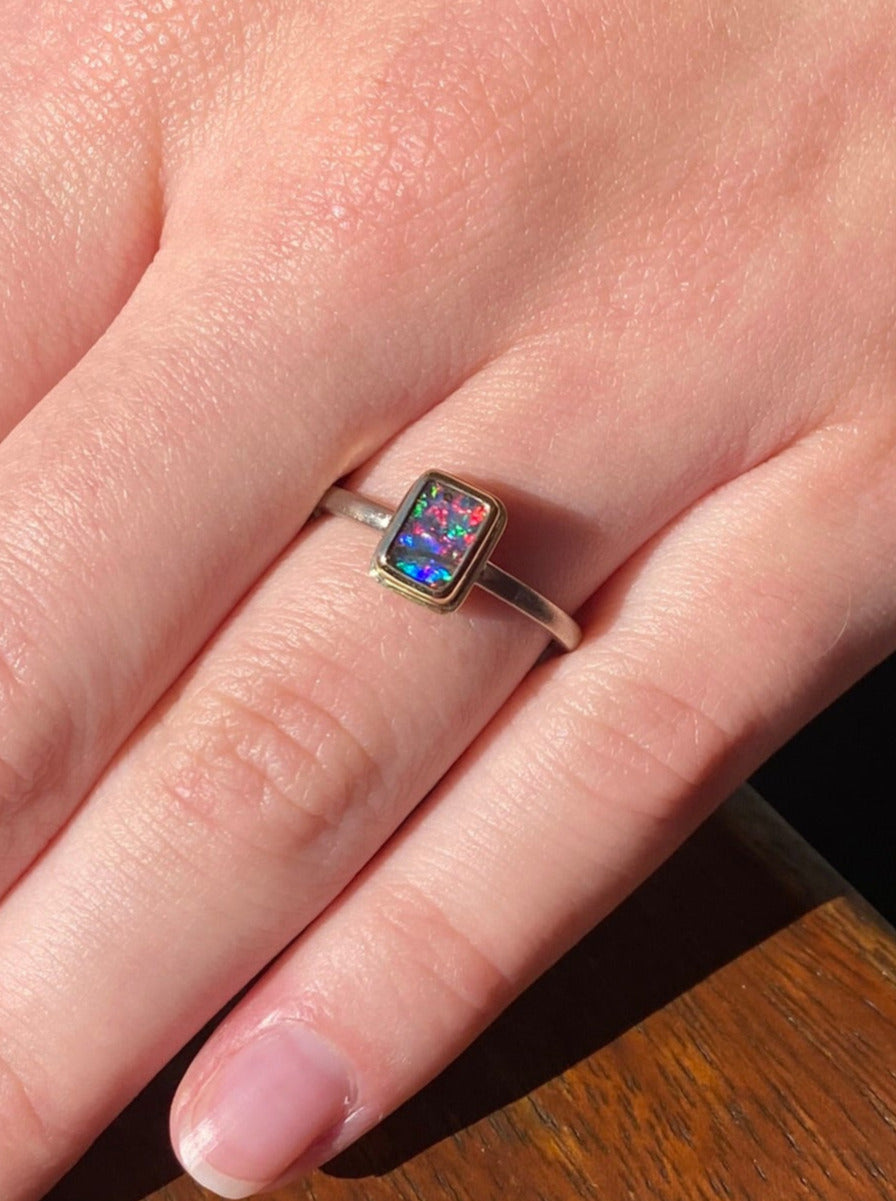 Rainbow Blaze Boulder Opal Ring