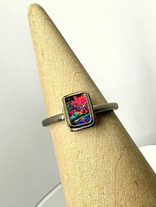 Rainbow Blaze Boulder Opal Ring