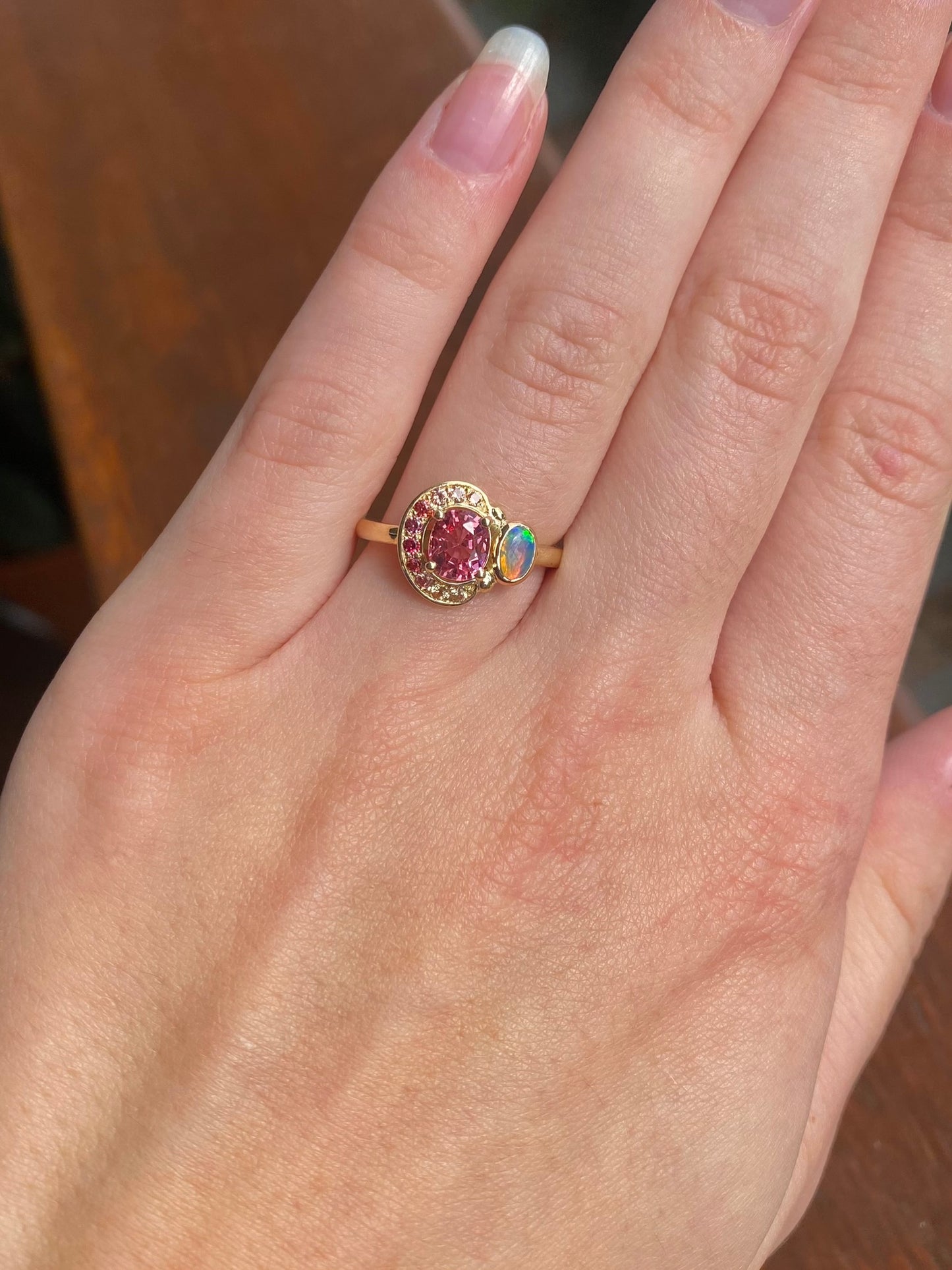 Watermelon Spinel, Sapphire and Opal Ring