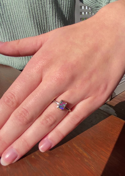 Rainbow Blaze Boulder Opal Ring