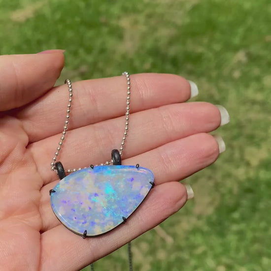 purple lightning ridge boulder opal pendant with blackened silver Glasshouse Mountains