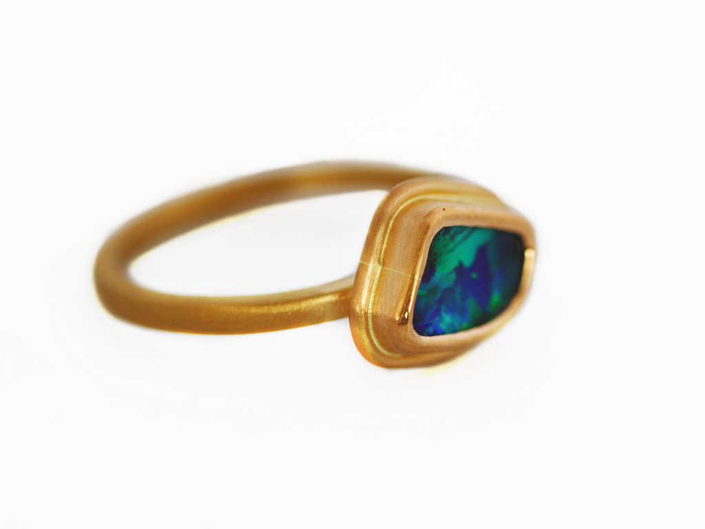 22ct yellow gold blue and green queensland boulder opal. Australian made and handcrafted in our brisbane studio. 