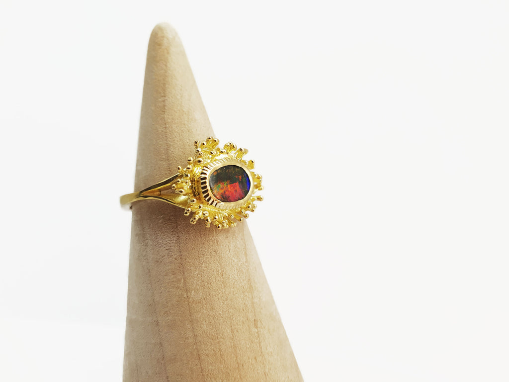 Gold fringe ring with Queensland Boulder Opal. Our products are all made with ethically sourced materials and handcrafted in our Brisbane based studio. Australian made and designed for high quality fine fashion