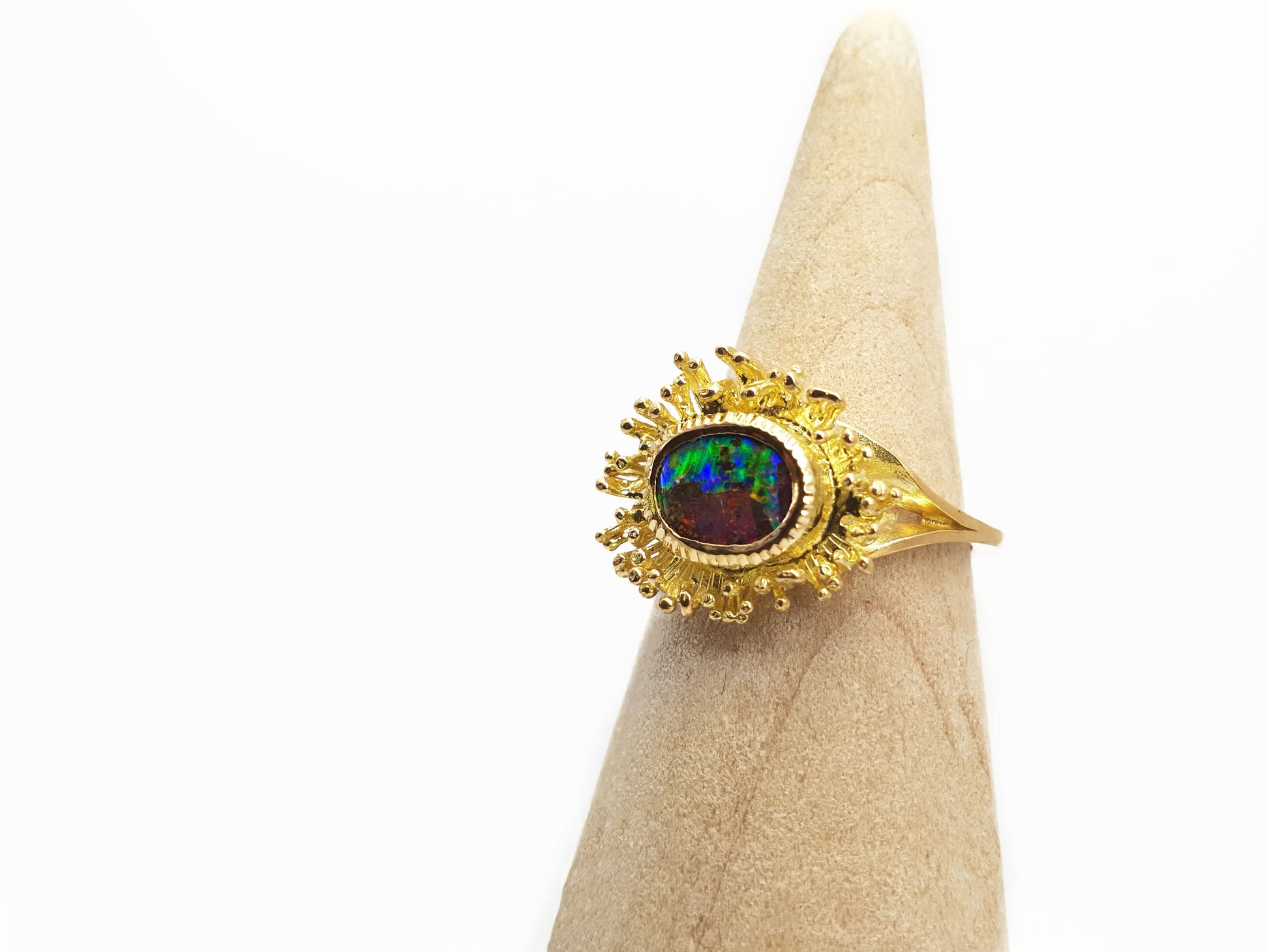 Gold fringe ring with Queensland Boulder Opal. Our products are all made with ethically sourced materials and handcrafted in our Brisbane based studio. Australian made and designed for high quality fine fashion