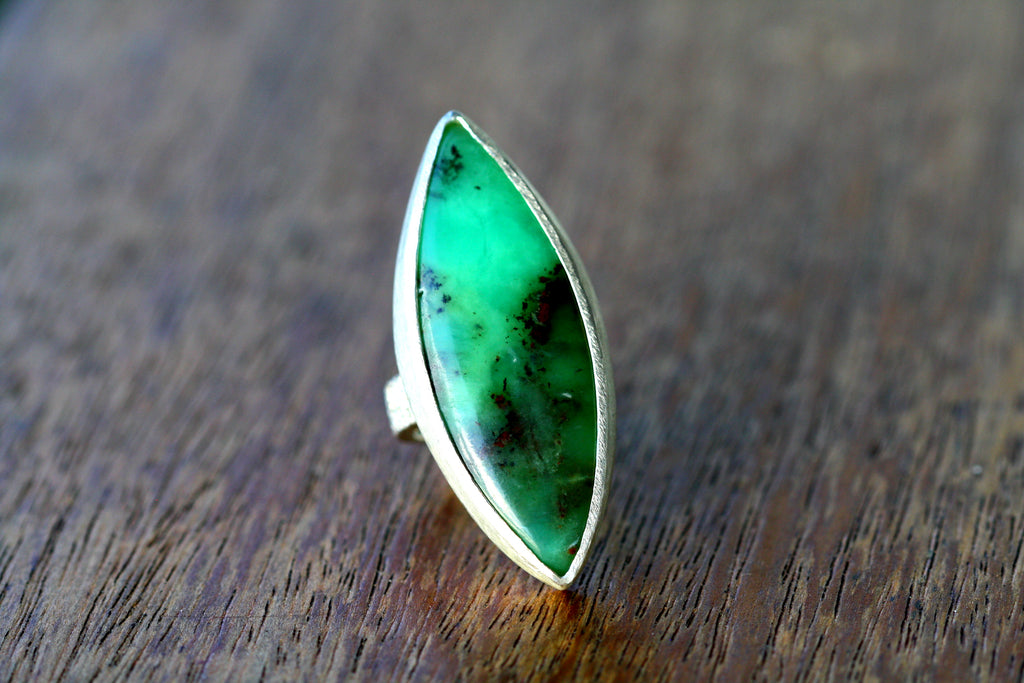 Green dendritic chrysoprase stone set in silver with a brushed and hammered finish to give texture around the stone. Australian made and hand crafted using ethical and local products.