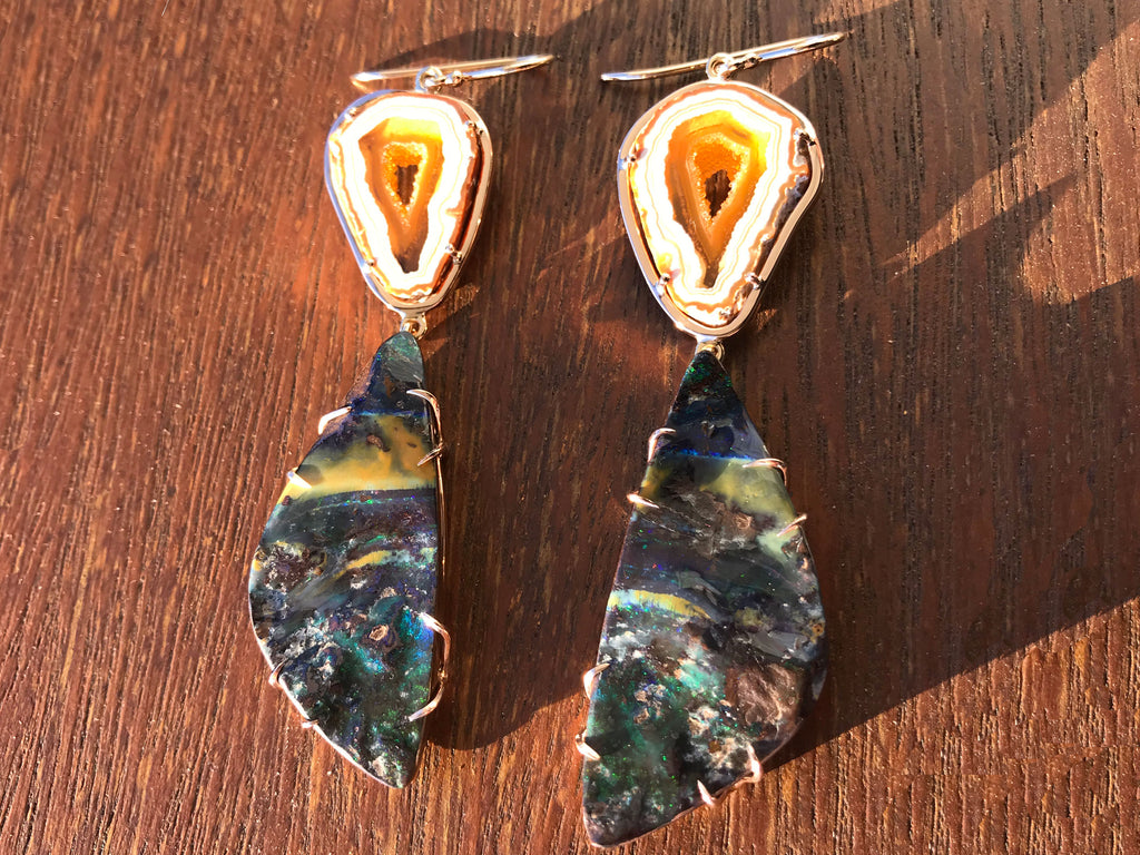 Queensland boulder opal and agate drop earrings. Hand crafted Australian made using ethically sourced materials