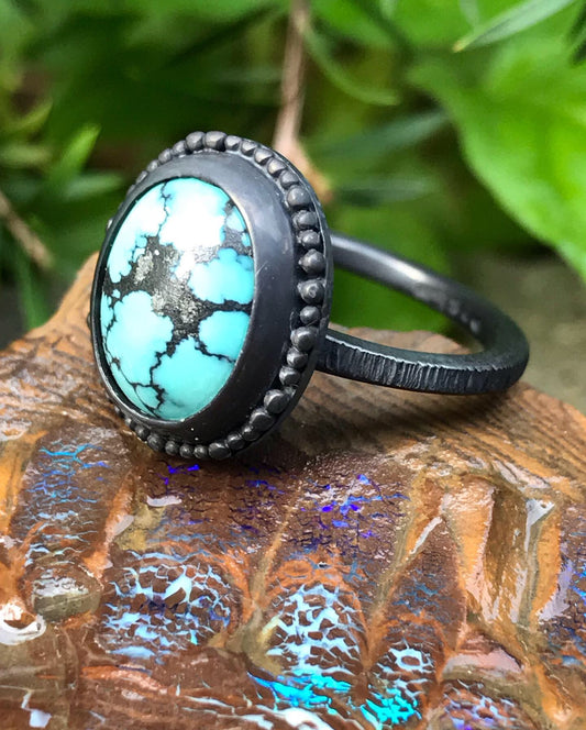 Antique style Turquoise and Silver Ring with Black Rhodium finis. Handcrafted using ethically sourced materials for a high quality finish. 