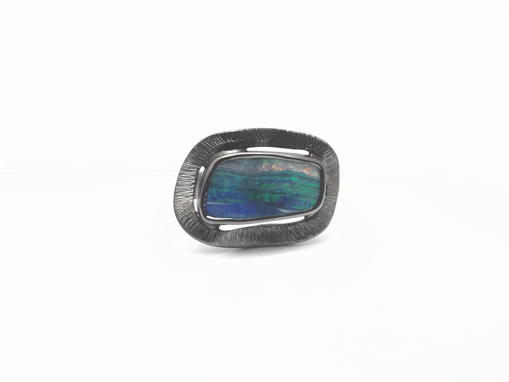 Deep blue and fresh green opal with strip of pink, set in a silver fringe style with a grey finish. Ethical jewellery handmade from local Queensland products. Australian designed and Australian made