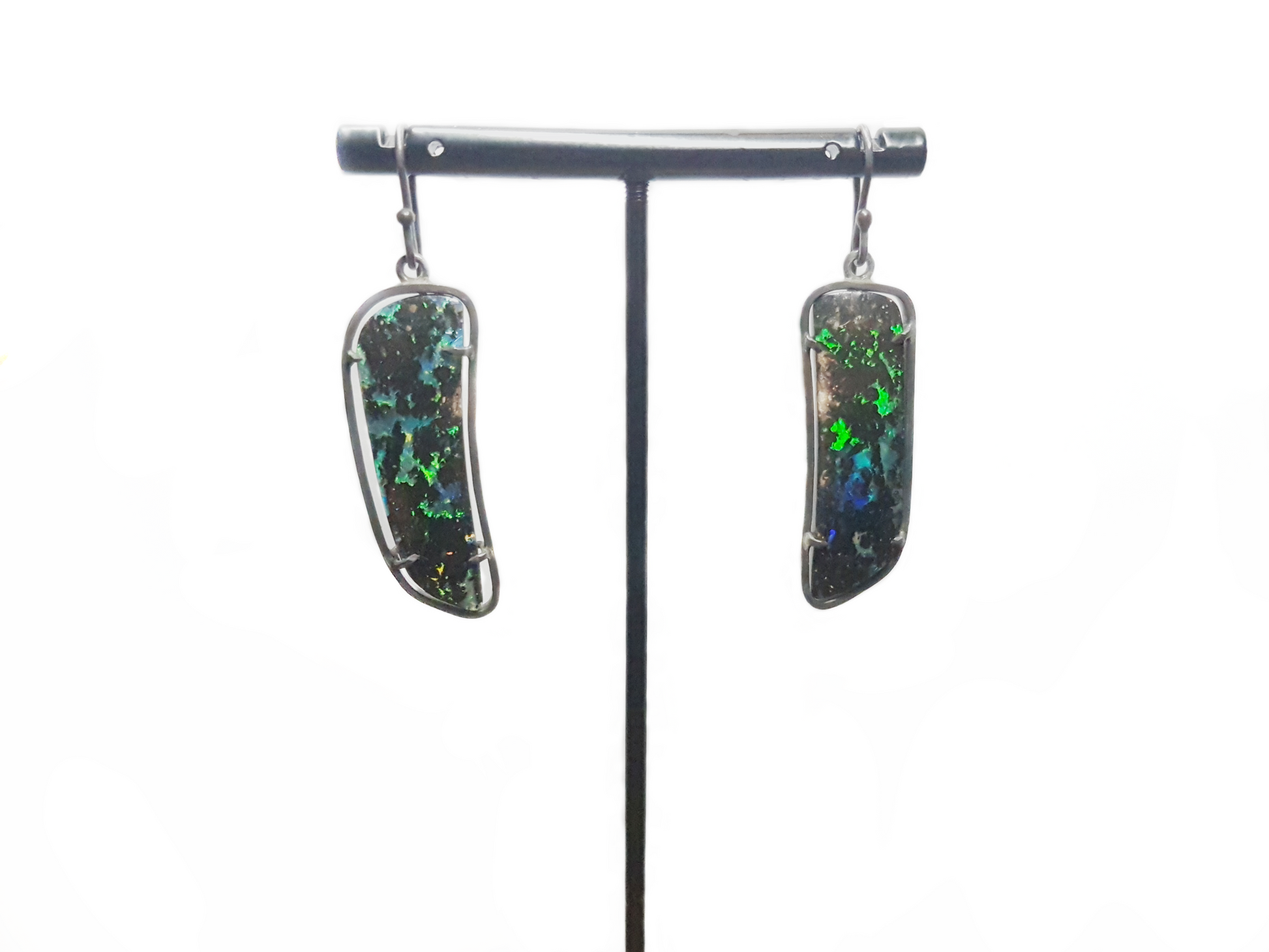 Matrix Queensland Boulder Opal drop earrings set in oxidised Silver frame. These earrings are mostly green. These earrings have been handcrafted in our Brisbane studio using ethically sourced materials. High quality Australian made jewellery 