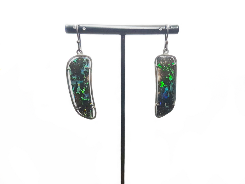 Matrix Queensland Boulder Opal drop earrings set in oxidised Silver frame. These earrings are mostly green. These earrings have been handcrafted in our Brisbane studio using ethically sourced materials. High quality Australian made jewellery 