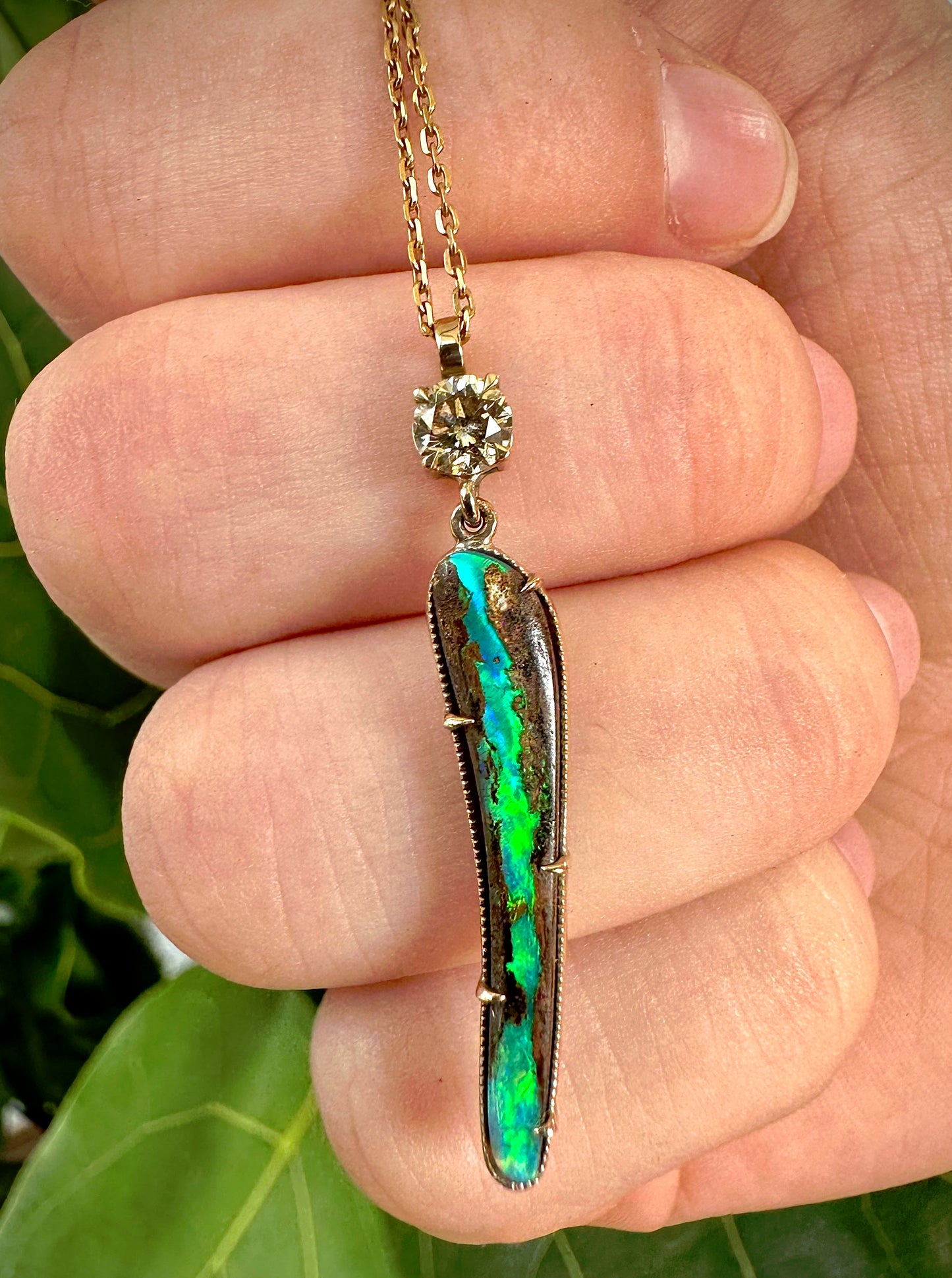 Green Flash Opal and Diamond Pendant