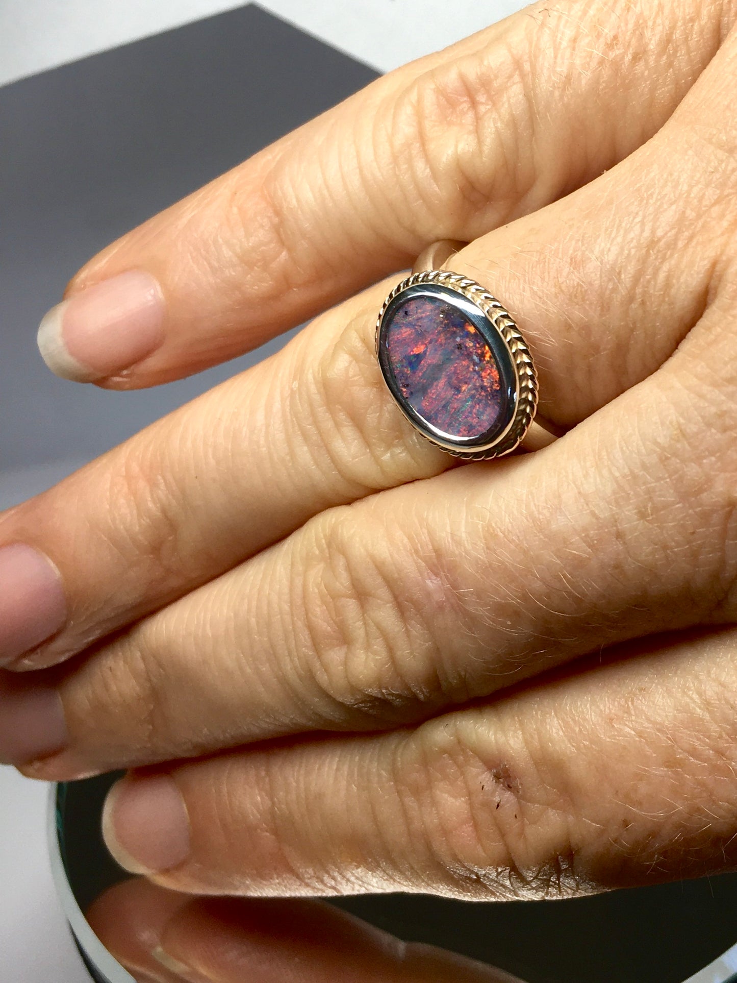 Pink on Fire Opal Ring