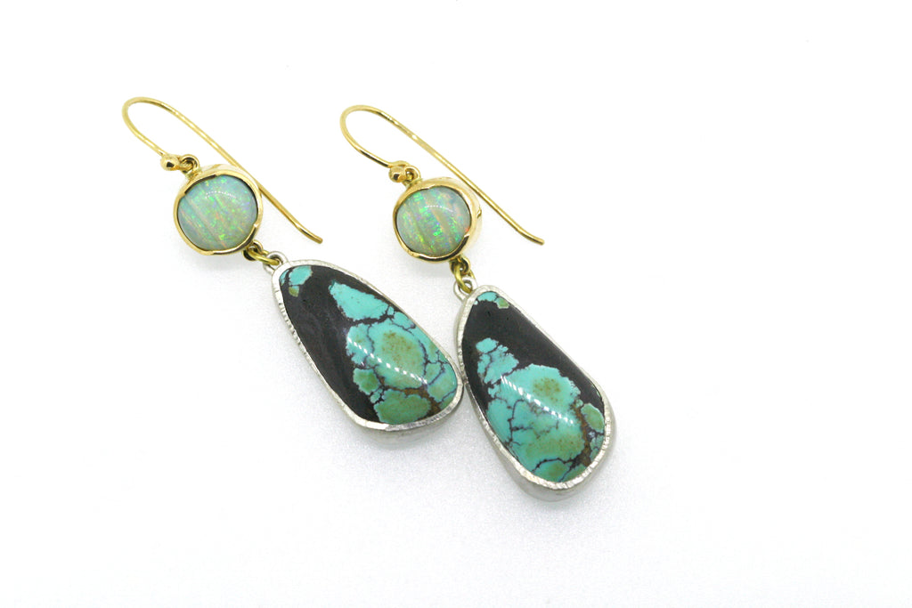 Black and blue turquoise set in silver frame with brushed finish and light Queensland boulder opal set in 18ct yellow gold. drop earrings that are hand crafted using ethical materials.