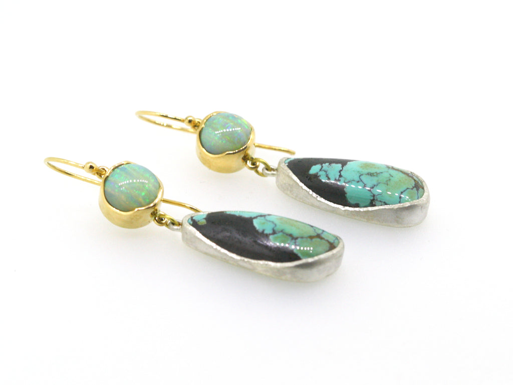 Black and blue turquoise set in silver frame with brushed finish and light Queensland boulder opal set in 18ct yellow gold. drop earrings that are hand crafted using ethical materials.