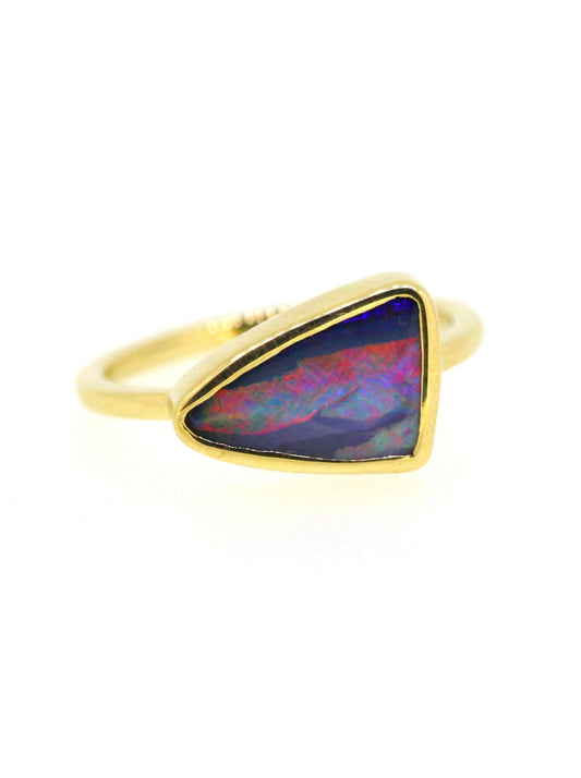 Gold Queensland Boulder Opal Ring. 14ct Yellow Gold polished band. Australian Made in Brisbane Studio with Ethically sourced materials. Purple Opal.