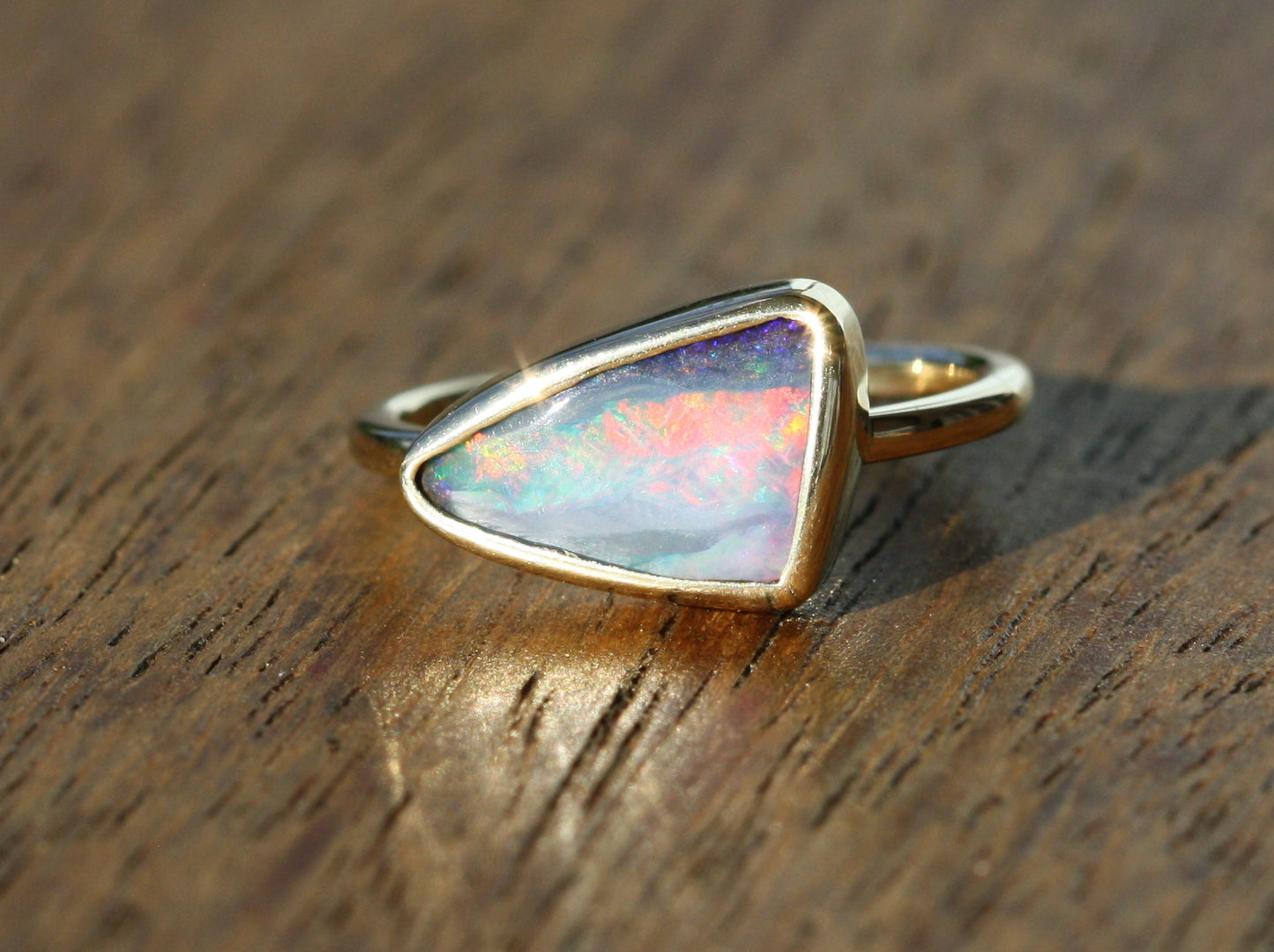 Gold Queensland Boulder Opal Ring. 14ct Yellow Gold polished band. Australian Made in Brisbane Studio with Ethically sourced materials. Purple Opal.