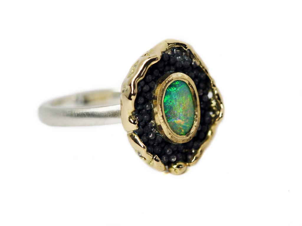 green Queensland boulder opal in silver and 18ct Yellow gold. blackened silver balls. Australian made and handcrafted in our brisbane studio using ethically sourced materials.
