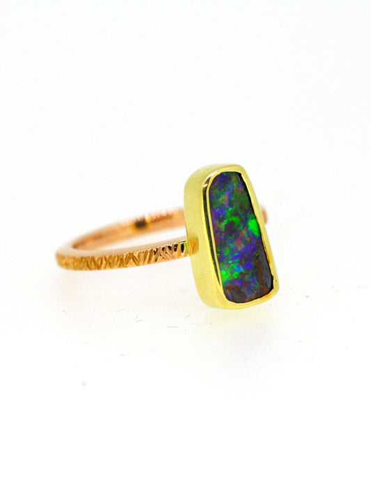 Gold Queensland Boulder Opal Ring. 14ct Yellow Gold and Rose Gold. Textured Band. Australian Made in Brisbane Studio with Ethically sourced materials. Bright green opal.