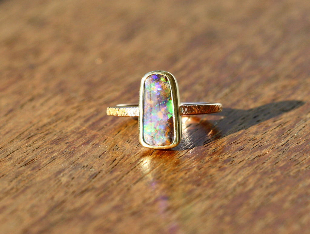 Gold Queensland Boulder Opal Ring. 14ct Yellow Gold and Rose Gold. Textured Band. Australian Made in Brisbane Studio with Ethically sourced materials. Bright green opal.