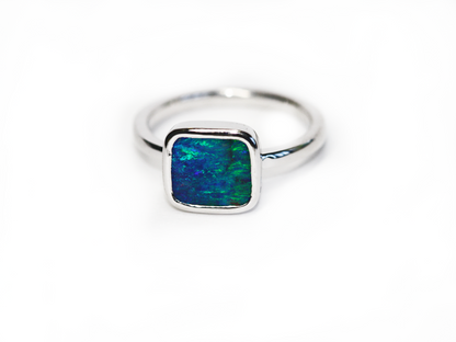Silver Queensland Boulder Opal Ring. Sterling Silver polished band. Australian Made in Brisbane Studio with Ethically sourced materials. Green and Blue Opal.