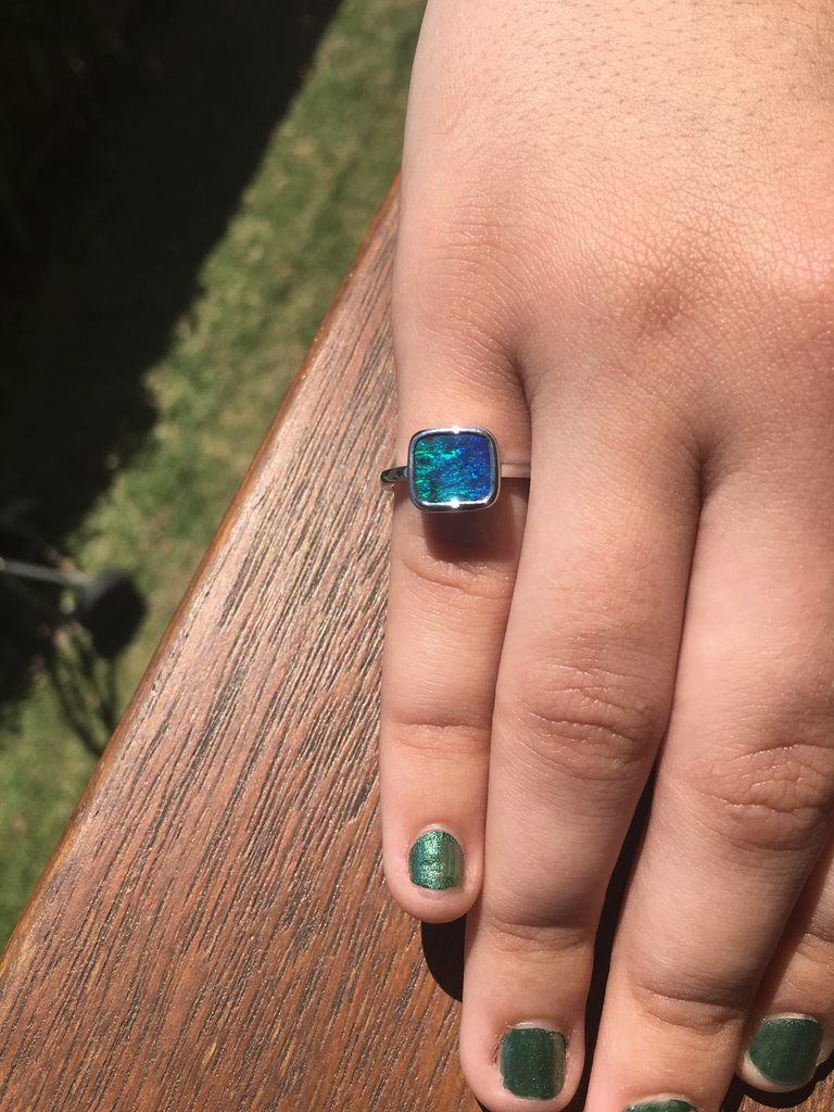 Photo on hand. Silver Queensland Boulder Opal Ring. Sterling Silver polished band. Australian Made in Brisbane Studio with Ethically sourced materials. Green and Blue Opal.