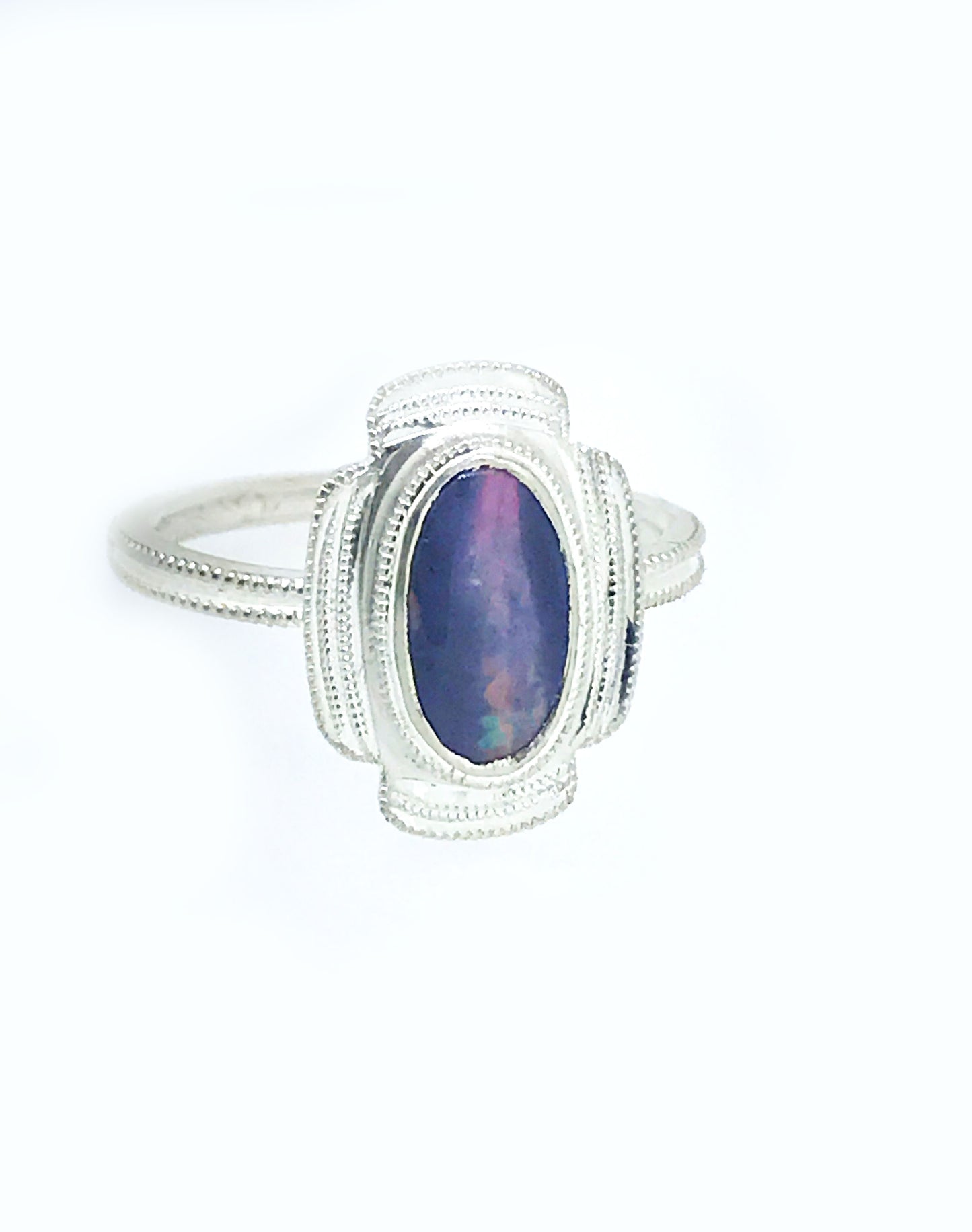 Solid Black Opal and Stirling Silver Engraved Ring