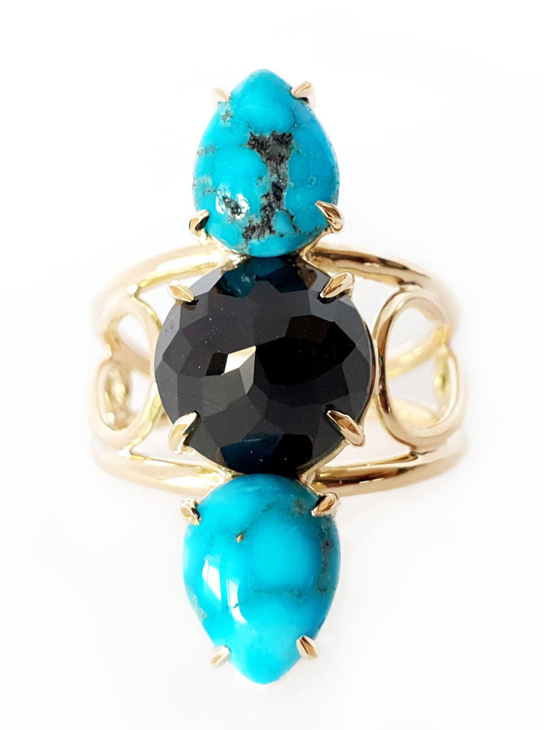 Bright turquoise and black Australian Spinel ring. Australian Made and hand crafted in our Brisbane studio using ethically sourced materials. Hand made for a high quality finish 