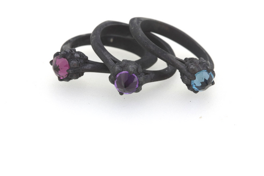 Skullitaire - Silver Skull Rings Set with Amethyst, Topaz or Pink Tourmaline